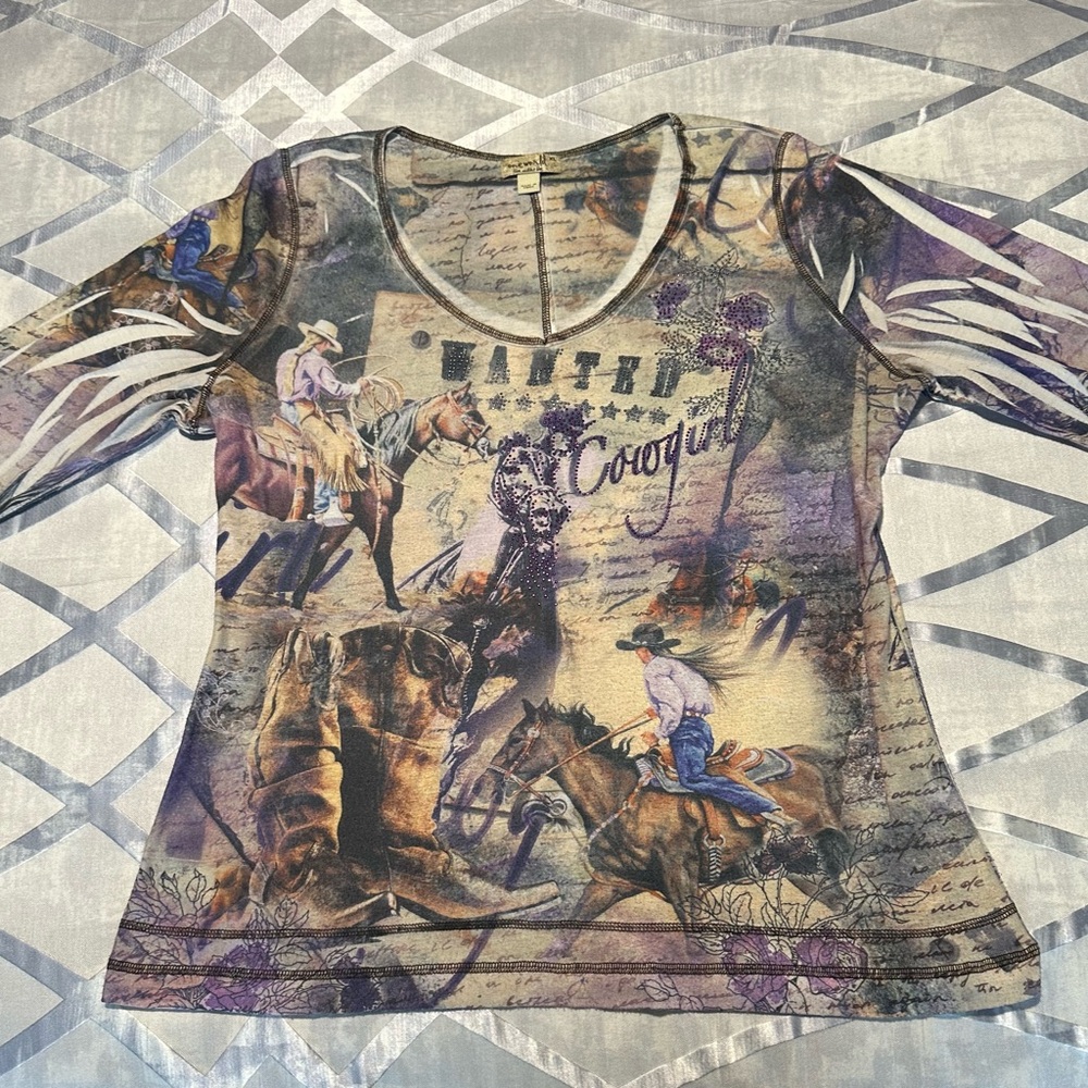 One World design! One of a kind Western Graphic Top with embellished lettering.